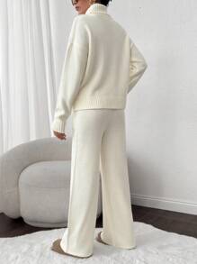 EURMUSE 2pcs Women Set: Solid Color High Neck Raglan Loose Cable Knit Sweater & Loose Straight Pocket Sweatpants - Beige - View 2