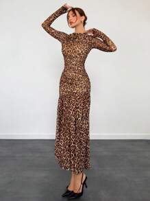 Aloruh Women's Sexy Fashionable Leopard Print Turtleneck Ruched Detail Asymmetrical Hem Dress Leopard Costume Long Sleeve Dress