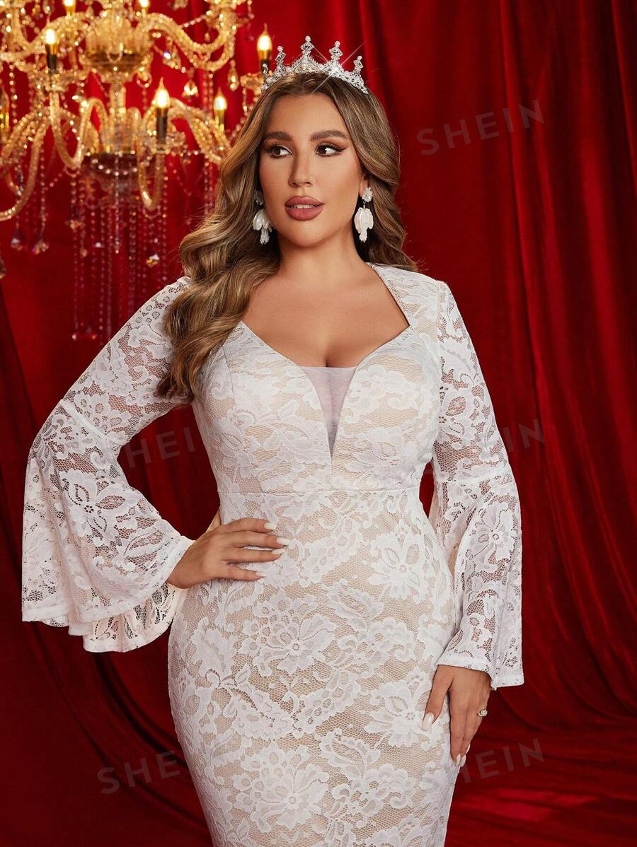 SHEIN Belle Plus Size Elegant Luxurious VNeck Ruffle Lace Sheer French