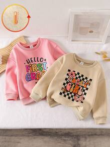 SHEIN Young Girls Solid Color Cartoon Letter Print Crew Neck Loose Fit Thermal Lined Sweatshirt, Autumn Winter