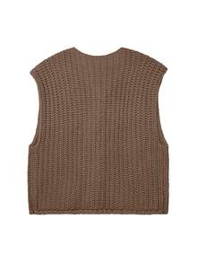 Chaleco de punto acanalado holgado y casual para mujer con botones dorados vintage en la parte delantera y cuello en V, de longitud regular, elegante para atuendos de moda de otoño e invierno - Camel - Ver 11