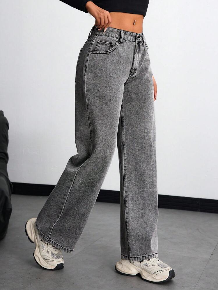 SHEIN ICON Women's Casual All Seasons Denim Wide Leg Pants With Side Pockets - Grey - View 4