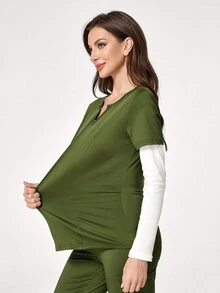 TaskEZ Bộ đồng phục tẩy tế bào chết 2 món cho nữ: Áo thun tay ngắn cổ chữ V trơn có túi và quần - Màu xanh Ô liu - Xem 6