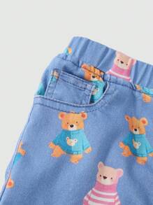 SHEIN Young Girls' Adorable Bear Print Elastic Waist Pocket Sweet Style Jeans