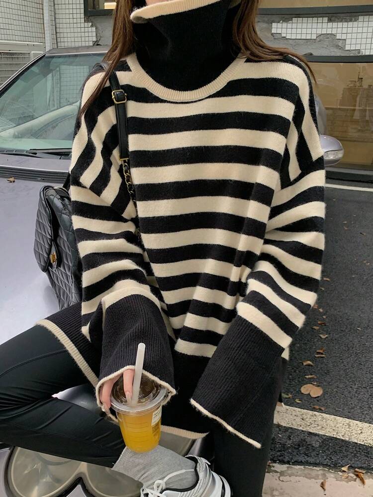 Women's Striped Loose High Neck Long Sleeve Sweater,Fall Women Clothes