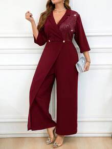 SHEIN Clasi Bộ đồ liền thân thanh lịch tay 3/4 có ve áo cổ vá sequin cỡ lớn cho nữ - Màu Đỏ Sâu - Xem 4