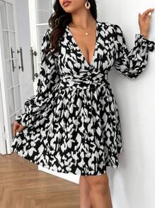 SHEIN Frenchy 大码女式秋季深 V 领简约日常长袖连衣裙、豹纹连衣裙、秋季优雅长袖连衣裙、泡泡袖、荷叶边袖长袖、秋季女装、秋季女士连衣裙