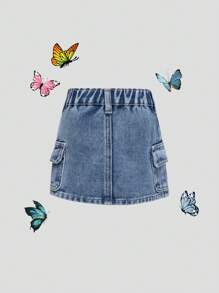 SHEIN 女宝宝中长款洗水牛仔休闲裙 - 中等水洗藍 - 查看 2