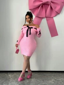 SHEIN SXY Plus Size Women's Sweet Bowknot Colorblock Decor Off Shoulder Black Sweater Dress, For Winter - Pink - View 4