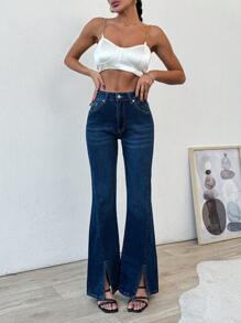 RueChic Jeans évasés avec taille mi-haute, poches en biais et fente à l'ourlet