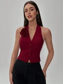 Aloruh Women Christmas Elegant Solid Color 3D Flower Decor Vest, Suitable For Autumn - Black - View 5