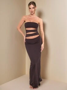 SHEIN BAE Vestido elegante de mujer de unicolor café, con corte hueco, apropiado para citas diarias, salidas, fiestas en discotecas y reuniones