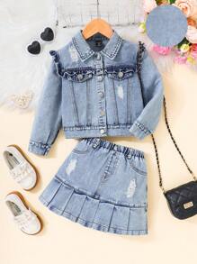 Young Girl Autumn Patchwork Frill Trim Long Sleeve Denim Jacket And Mini Skirt 2 Pieces Set - Medium Wash - View 1
