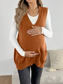 SHEIN Maternity Loose V-Neck Pocket Design Knit Vest Sweater, Casual For Autumn