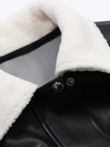 FRIFUL 女士休闲PU皮夹克，撞色翻领，落肩设计，常规版型，秋冬女式外套 - 黑色 - 查看 7