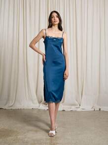 AiiRZ Satin Lace Insert Sleeveless Cami Midi Dress - Blue - View 1