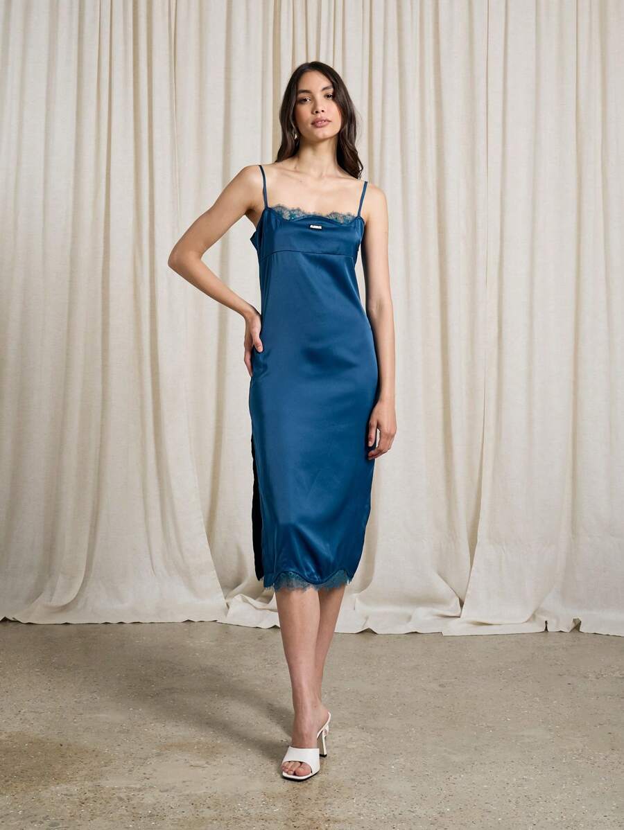 AiiRZ Satin Lace Insert Sleeveless Cami Midi Dress - Blue - View 1