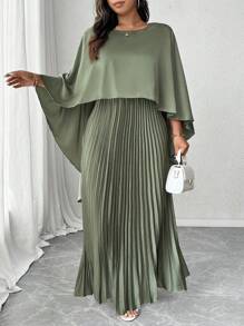 Elenzga 大码宽松 V 领斗篷上衣 + 缎面褶皱长裙两件套，优雅出游和聚会之选