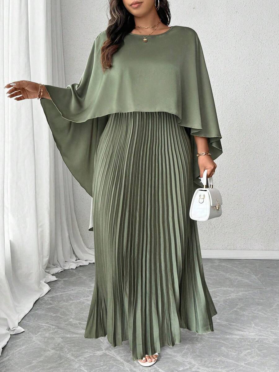 Elenzga Plus Size Loose Fitting V-Neck Poncho Top + Satin Pleated Maxi Skirt Two-Piece Set, Elegant For Outings & Gatherings Fall - Army Green - View 1