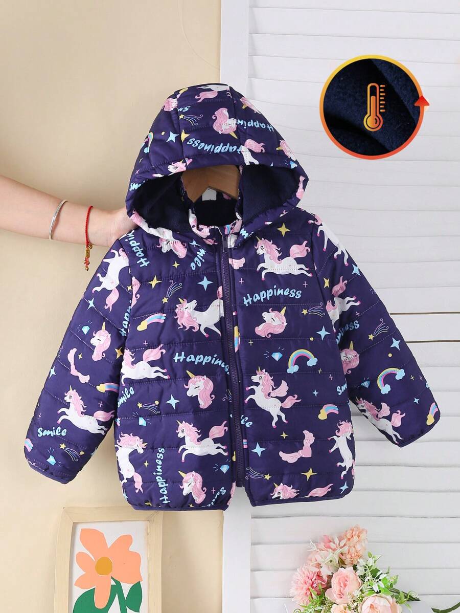 SHEIN Girls Casual Cute Daily Raglan Long Sleeve Loose Cartoon Unicorn & Rainbow Print Fleece Thickened Warm Hooded Jacket For Winter - Purple - View 1