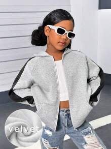 SHEIN Tween Girls Casual Knit Long Sleeve Pullover Fleece Sweatshirt,In Fall/Winter - Red - View 1