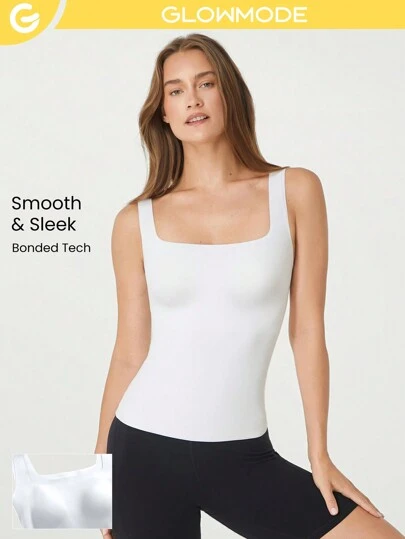 GLOWMODE Tanque deportivo con hombros anchos, control de la protuberancia axilar, cuello cuadrado estilizado, con acolchado, soporte ligero, de bajo impacto, para yoga en el estudio
