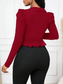 SHEIN Lady Plus Size Elegant Solid Color Puff Sleeve Ruffle Hem Short Jacket For Autumn Winter Fall - Red - View 2