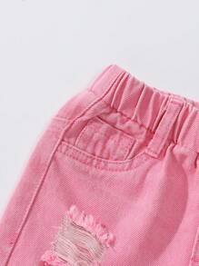 女童街头风格休闲做旧宽松舒适水洗浅蓝色阔腿牛仔裤 - 粉色 - 查看 3