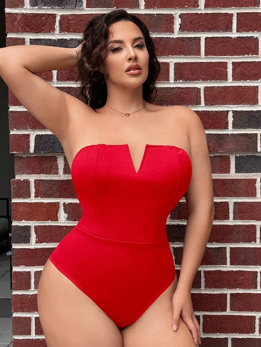 SHEIN SXY Plus Size Solid Color Simple Fitted Bodysuit, Casual Everyday Wear