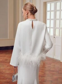 ZEYLAH 仿珍珠立领喇叭袖蓬松下摆上衣 - 白色 - 查看 4