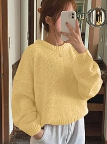 DAZY 休闲纯色落肩宽松毛衣，秋冬，返校服，秋季女装 - 黃色 - 查看 5