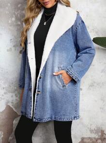 SHEIN LUNE 女士休闲保暖牛仔夹克，秋冬季加厚牛仔布 - 藍色 - 查看 4