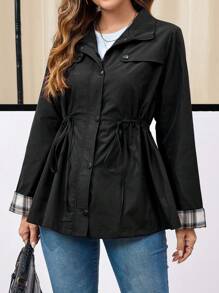 EMERY ROSE Chaqueta informal de mujer con cremallera y cordón en la cintura, con parches a cuadros, adecuada para salidas de otoño - Negro - Ver 4