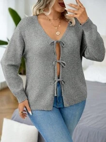 Calvaya 大码休闲日常简约前系带蝙蝠袖宽松开衫，秋冬