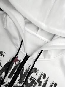Manfinity EMRG Plus Size Men Letter & Figure Print Long Sleeve Zip Front Drawstring Hoodie Sweatshirt, Casual Autumn - White - View 4