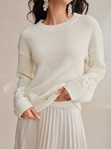 Anewsta Women Crochet Lace Drop Shoulder Loose Solid Color Sweater
