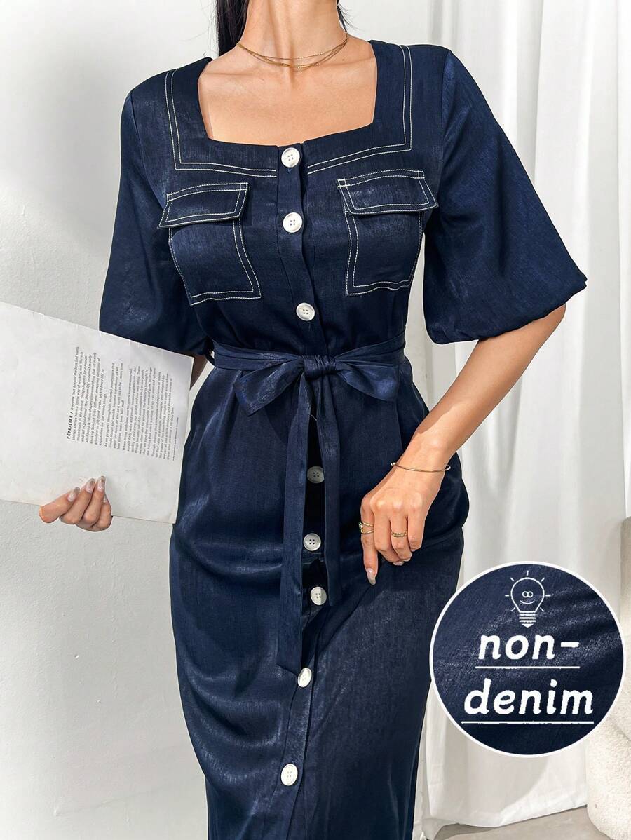 Modelyn Vestido de manga corta con cuello cuadrado, botones frontales y cintura de corbata, para primavera/otoño, casual diario/viaje/vacaciones/fiestas, vestidos largos para eventos de noche - Azul - Ver 1
