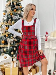 SHEIN Christmas Maternity Red Plaid Pattern Loose Fit Pinafore Dress, For Pregnant Women - Red - View 4