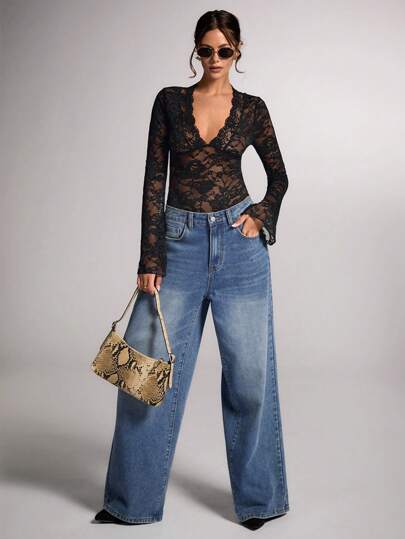 SHEIN BAE Kvinnors skir sexig v-ringad bodysuit med utsvängning ärm, höst