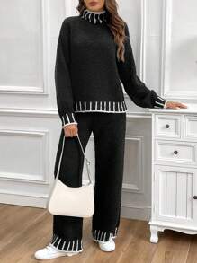 Chiquease 2 Stücke Damen gestreifter Stehkragen Drop-Shoulder Langarm-Pullover und gestrickter Hose Lässig Set, Herbst/Winter - Schwarz - Übersicht 5