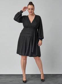 SHEIN Clasi 女式卢勒克斯长袖大码优雅派对连衣裙，秋冬款 - 黑色 - 查看 3