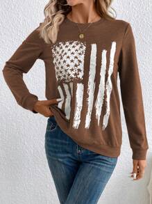 SHEIN LUNE 女士休闲美国国旗印花超大码运动衫，适合春秋季节 - 棕色 - 查看 6