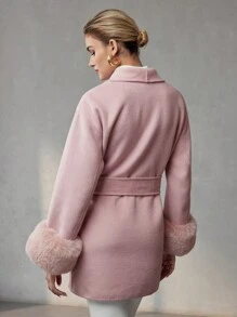 MOTF PREMIUM WOOL SHAWL COLLAR FLUFFY CUFF PATCH POCKET BELTED OVERCOAT - Baby Pink - View 6