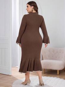 Modelyn Plus Size Autumn/Winter Casual Button Decor Elegant Ruffle Hem Sweater Dress - Grey - View 2