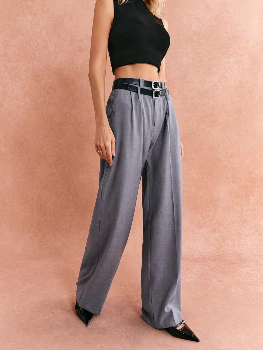 Poéselle Pantaloni grigi, dotati di due cinture, pantaloni larghi casual da donna adatti a tutti i giorni con doppia vita e tasche inclinate, adatti per l'autunno, pantaloni larghi extra lunghi, outfit da donna per l'autunno, tute, stile semplice e alla moda, stile old money, adatti per ufficio, strada, casa, pendolarismo e altre occasioni - Grigio - Visualizzare 1