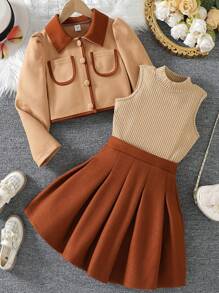 3pcs/Set Tween Girl Collared Jacket, Tank Top & Pleated Skirt Casual Suit, School Style - Coffee Brown - View 1
