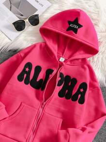 SHEIN Tween Girls Oversized Hoodie Sweatshirt, Casual Letter Graphic Thermal Lined Zip-Up Jacket, Magenta - Hot Pink - View 8