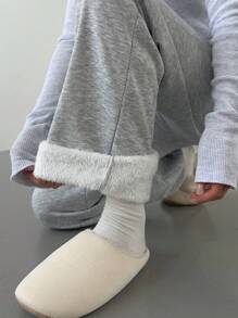 SHEIN BASICS Pantaloni della tuta in maglia in colore unito con vita alta, allentati, con coulisse e fodera termica, per donna - Grigio Chiaro - Visualizzare 7