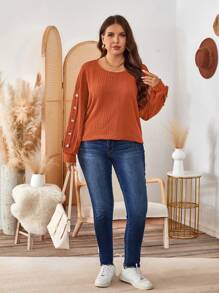 SHEIN LUNE Camiseta casual de manga larga, cuello redondo, suelta y acanalada con decoración de botones para mujer de talla grande, conjunto ideal para el Día de Acción de Gracias y días festivos