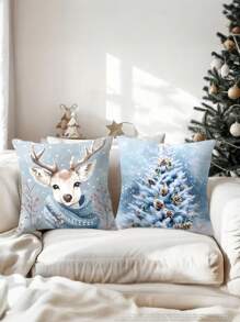 现代圣诞抱枕套 4 件套 - 涤纶编织拉链封口装饰枕套，仅可手洗，饰有圣诞老人、雪人、熊和鹿 - 非常适合客厅和节日装饰，17.72 X 17.72 英寸 - 不含枕芯